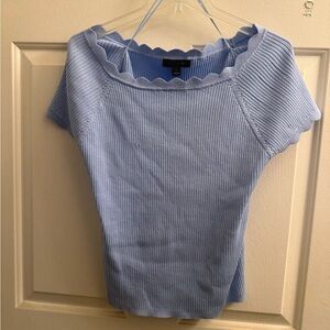 Ann Taylor Light Blue Scalloped Short Sleeve Top